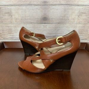 Franco Sarto Glazer Brown Leather Wedge Sandals